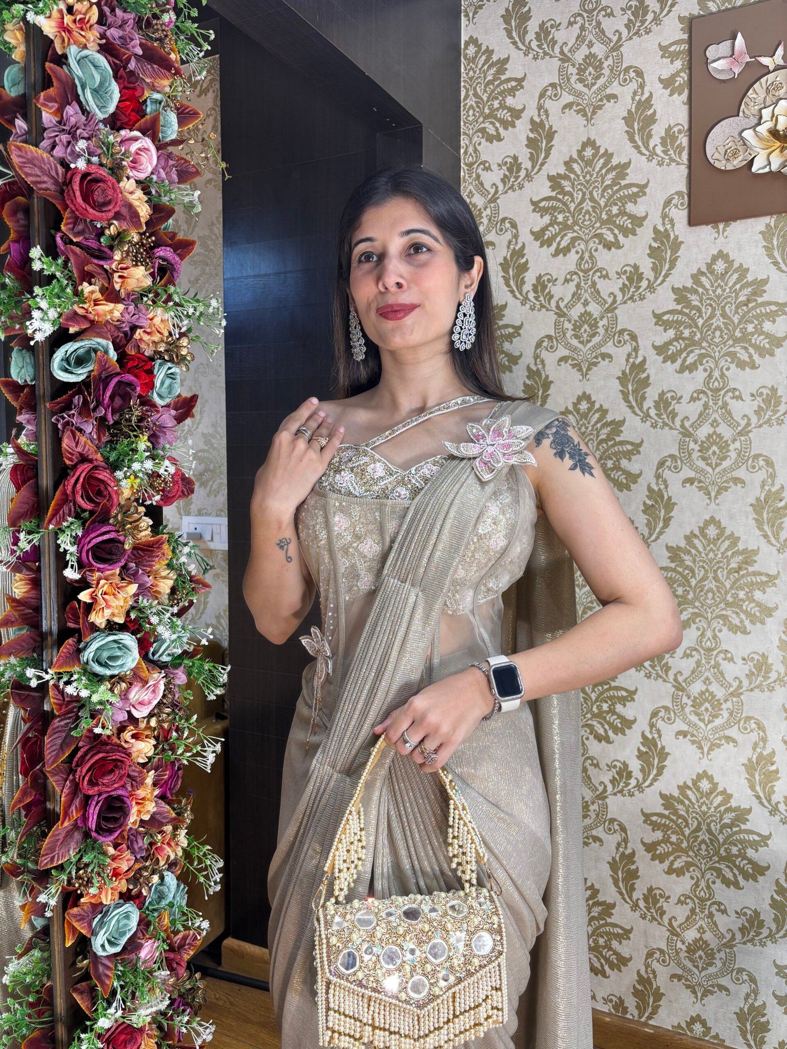 CHAMPAGNE GLOW DRAPE READY TO WEAR SAREE - Image 2