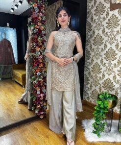 COPPER GOLD HIGH NECK HEAVY PLAZZO SET WITH DUPATTA