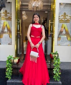 RED LUXE CORSET BLOUSE WITH FLARED SKIRT AND NECK BELT DUPATTA