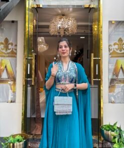 Alternative view of PEACOCK BLUE PLEATED SKIRT HALTER NECK BLOUSE WITH KAFTAN JACKET