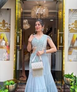 Alternative view of SERENE MIST ICE BLUE LENGHA DRAPE SAREE WITH MOTI PALLU