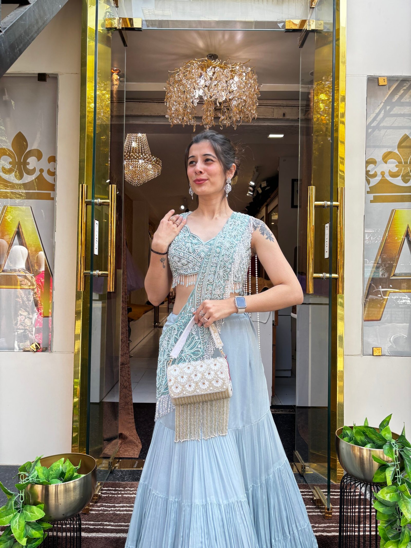 SERENE MIST ICE BLUE LENGHA DRAPE SAREE WITH MOTI PALLU - Image 2