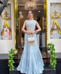 SERENE MIST ICE BLUE LENGHA DRAPE SAREE WITH MOTI PALLU