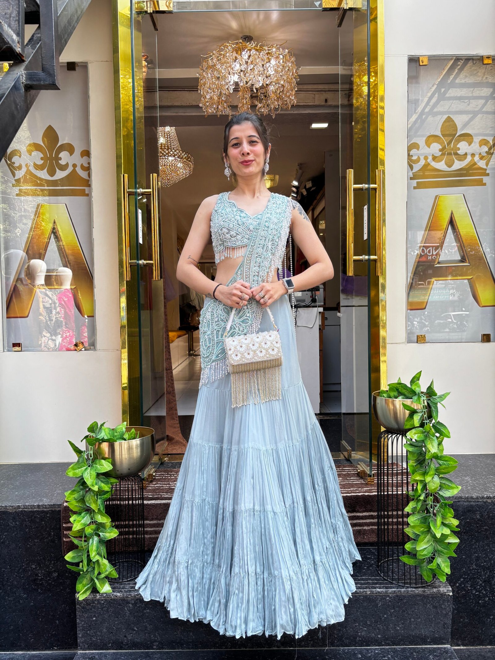 SERENE MIST ICE BLUE LENGHA DRAPE SAREE WITH MOTI PALLU