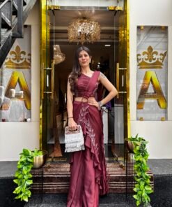 BLOOMING MAROON PLEATED DRAPE SET WITH EMBOSSED LEAF PALLU