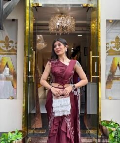 Alternative view of BLOOMING MAROON PLEATED DRAPE SET WITH EMBOSSED LEAF PALLU