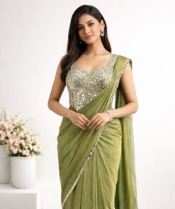 Alternative view of ZARIYA MIRROR CORSET TISSUE DRAPE SAREE-PISTACHIO GREEN