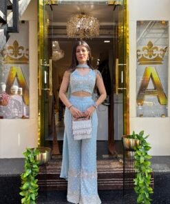 POWDER BLUE HEAVY PLAZZO SET WITH NECK BELT DUPATTA