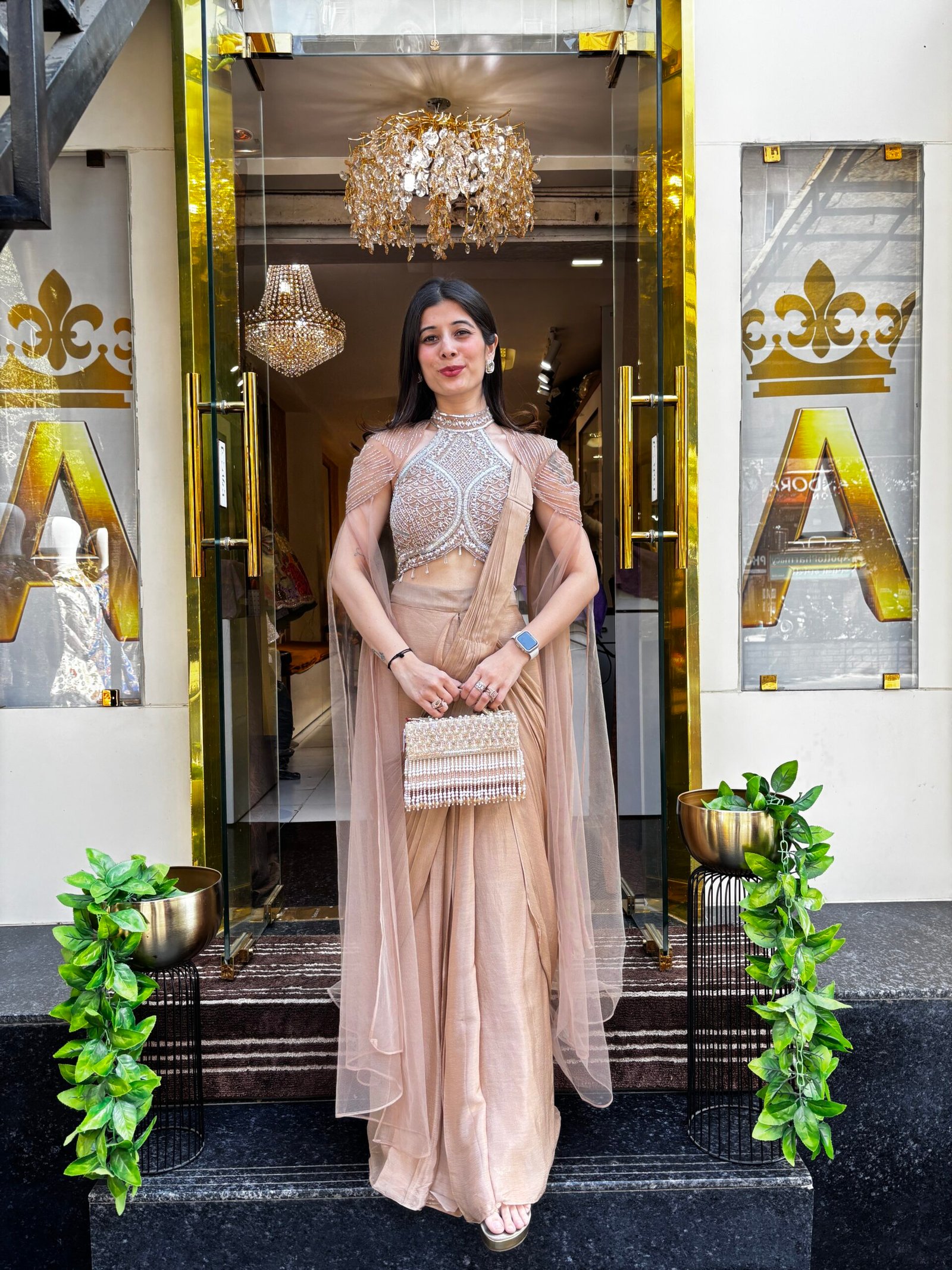 NOOR E ZEVAR BROWN HALTER NECK CAPE SAREE SET