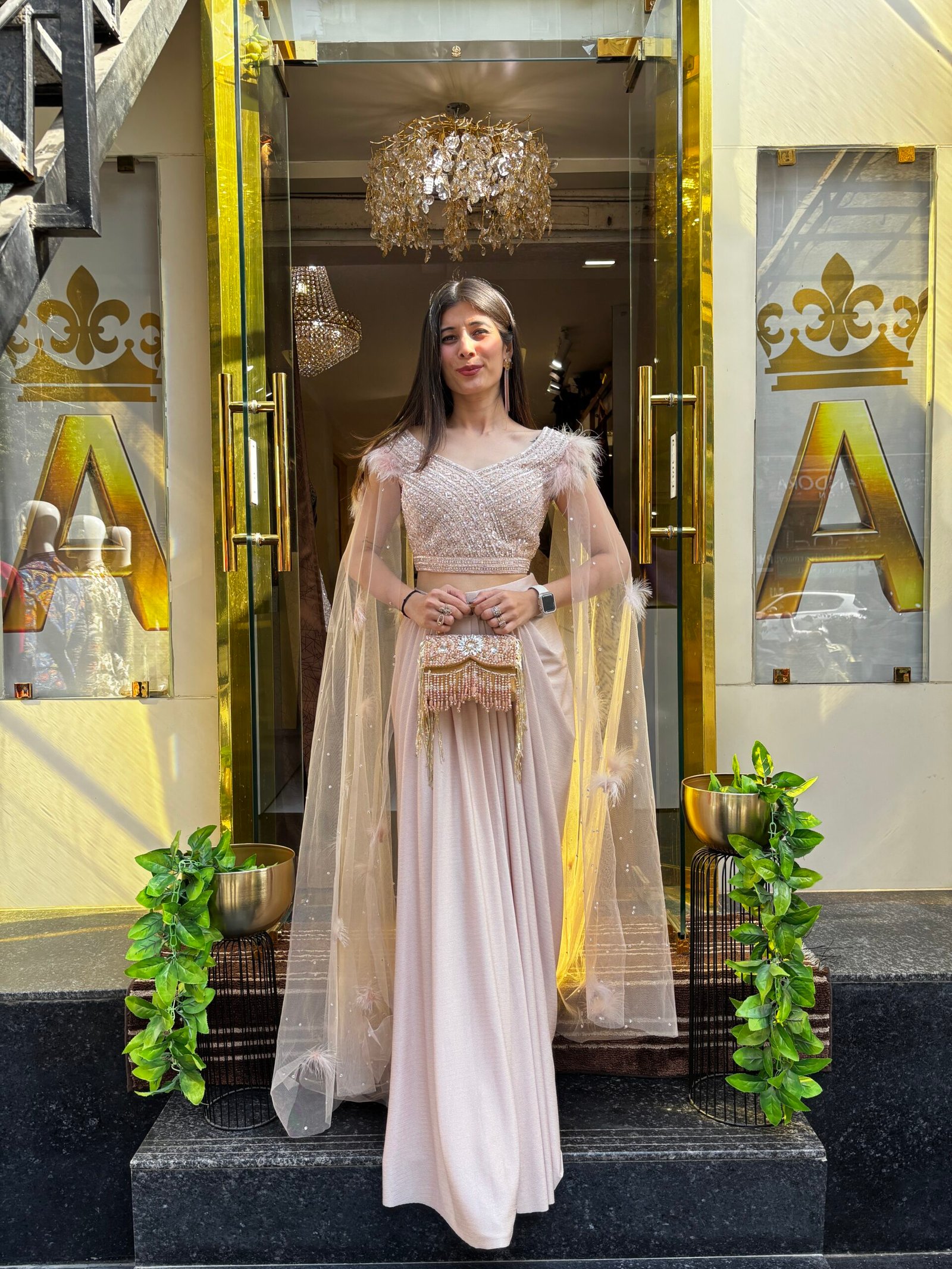 ZIYA NUDE GOLD SKIRT WITH CROP AND ATTACHED CAPE FEATHERS