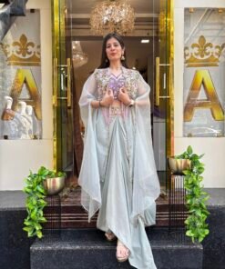 VIRASAT PASTEL SKIRT WITH DRAMATIC BLOUSE & HEAVY CAPE-PISTA BLUE