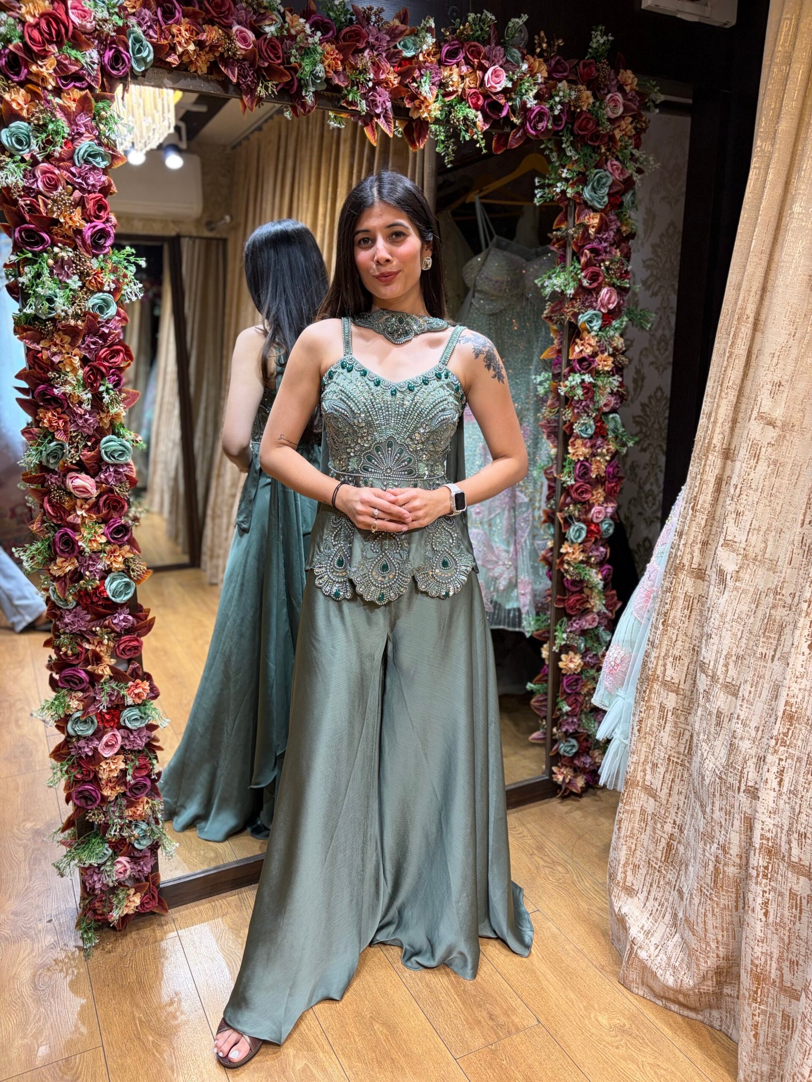 SAGE GREEN PEPLUM PLAZZO SET WITH UNIQUE HANDWORK