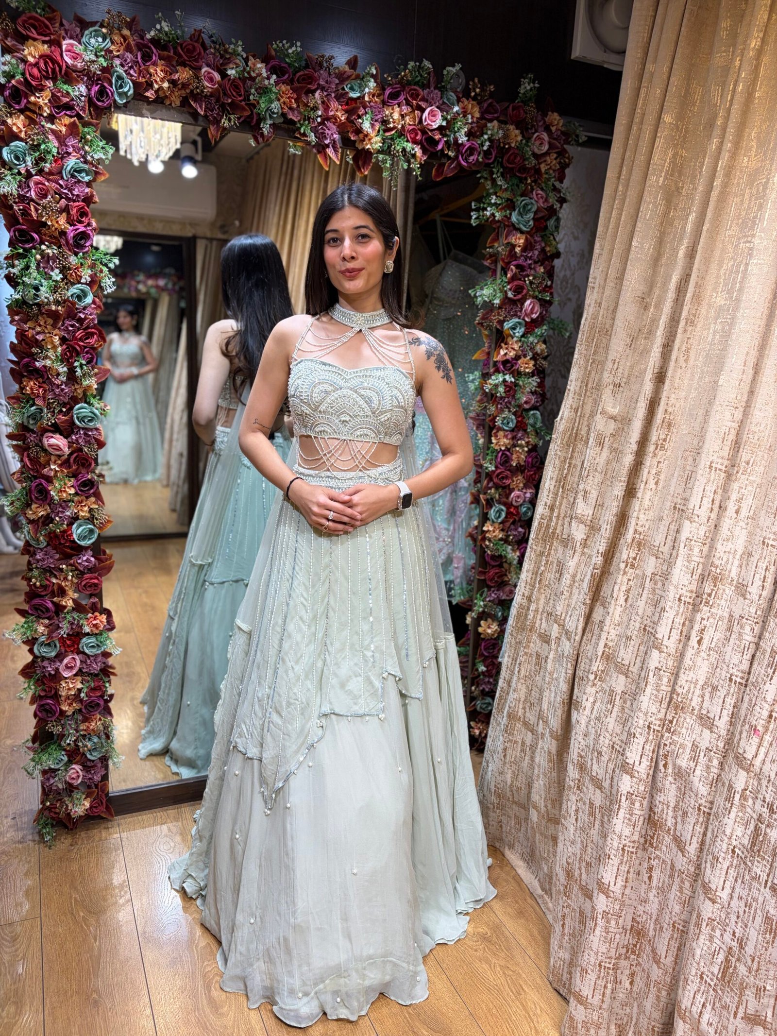 MEHREEN SOFT AQUA PEARL BLOUSE LENGHA