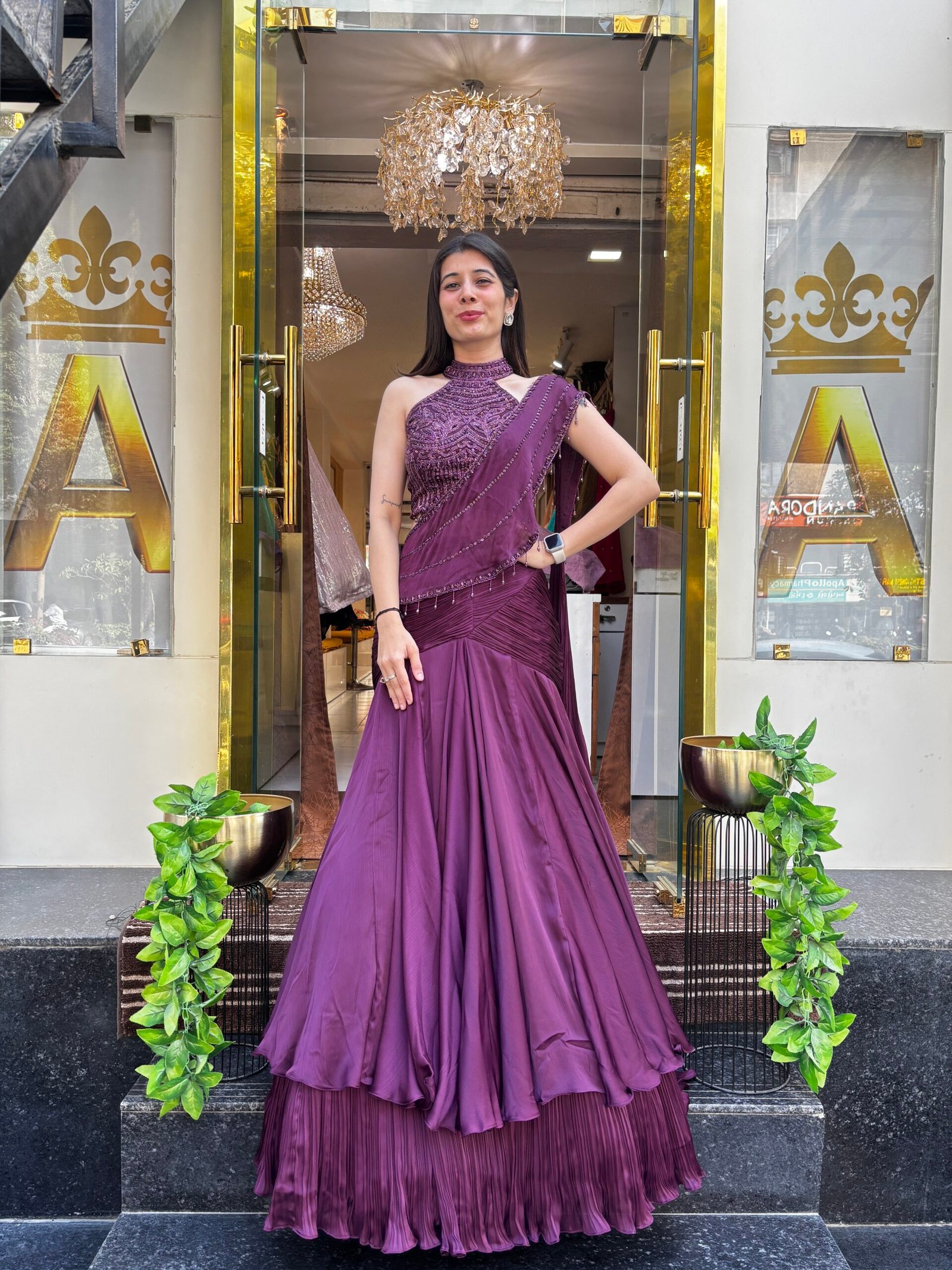 MEHAR PURPLE HALTER NECK LENGHA DRAPE SAREE