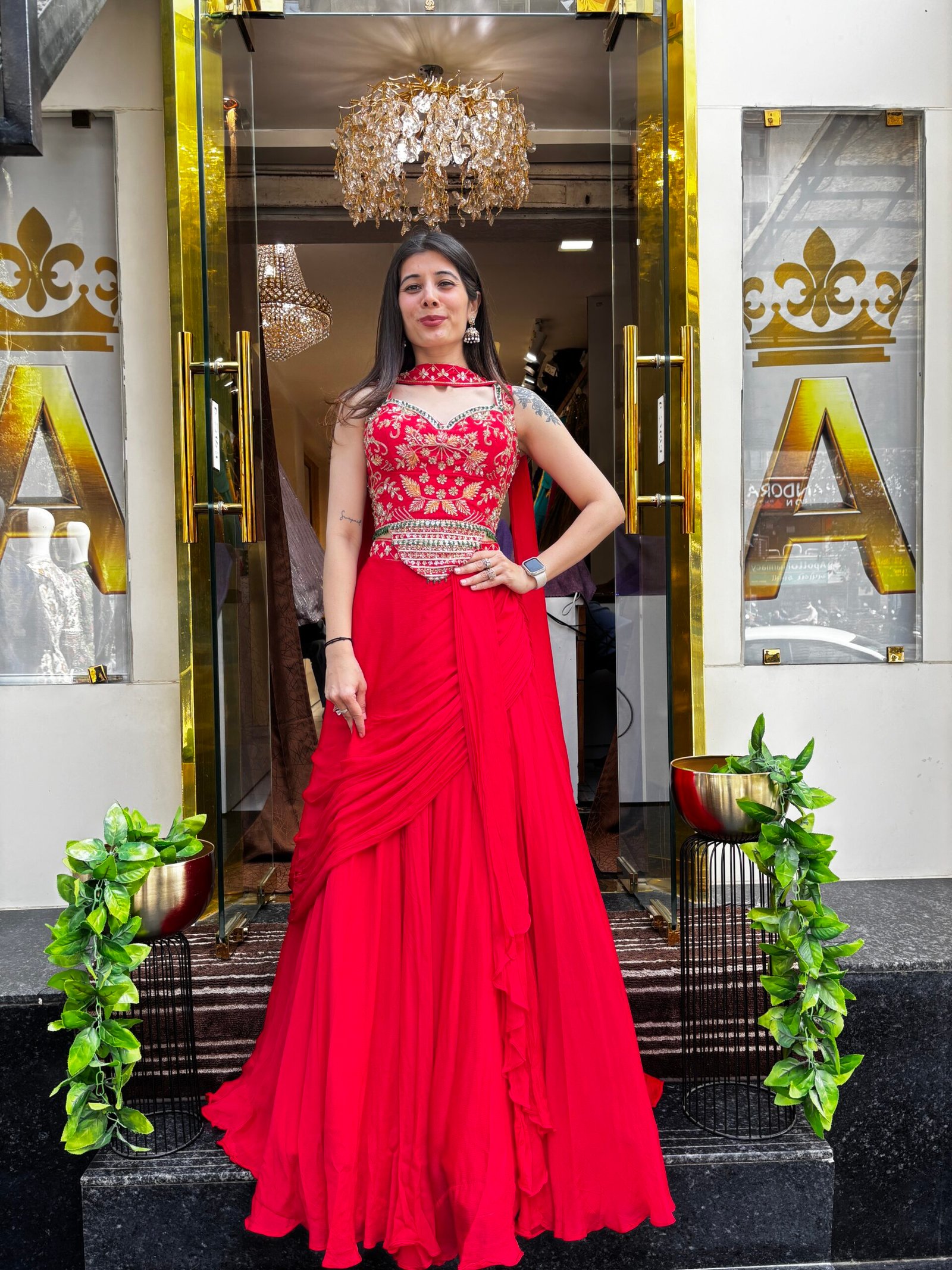 JASHN SCARLET DRAPE LENGHA SET WITH DUPATTA