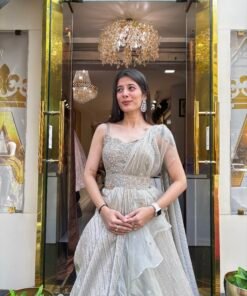 Alternative view of CHANDRIKA CASCADE NOOR DRAPE LENGHA SAREE-GOLD IVORY