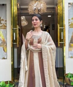 Alternative view of SAANVI NUDE BROWN STRIPS ANARKALI GOWN WITH DUPATTA