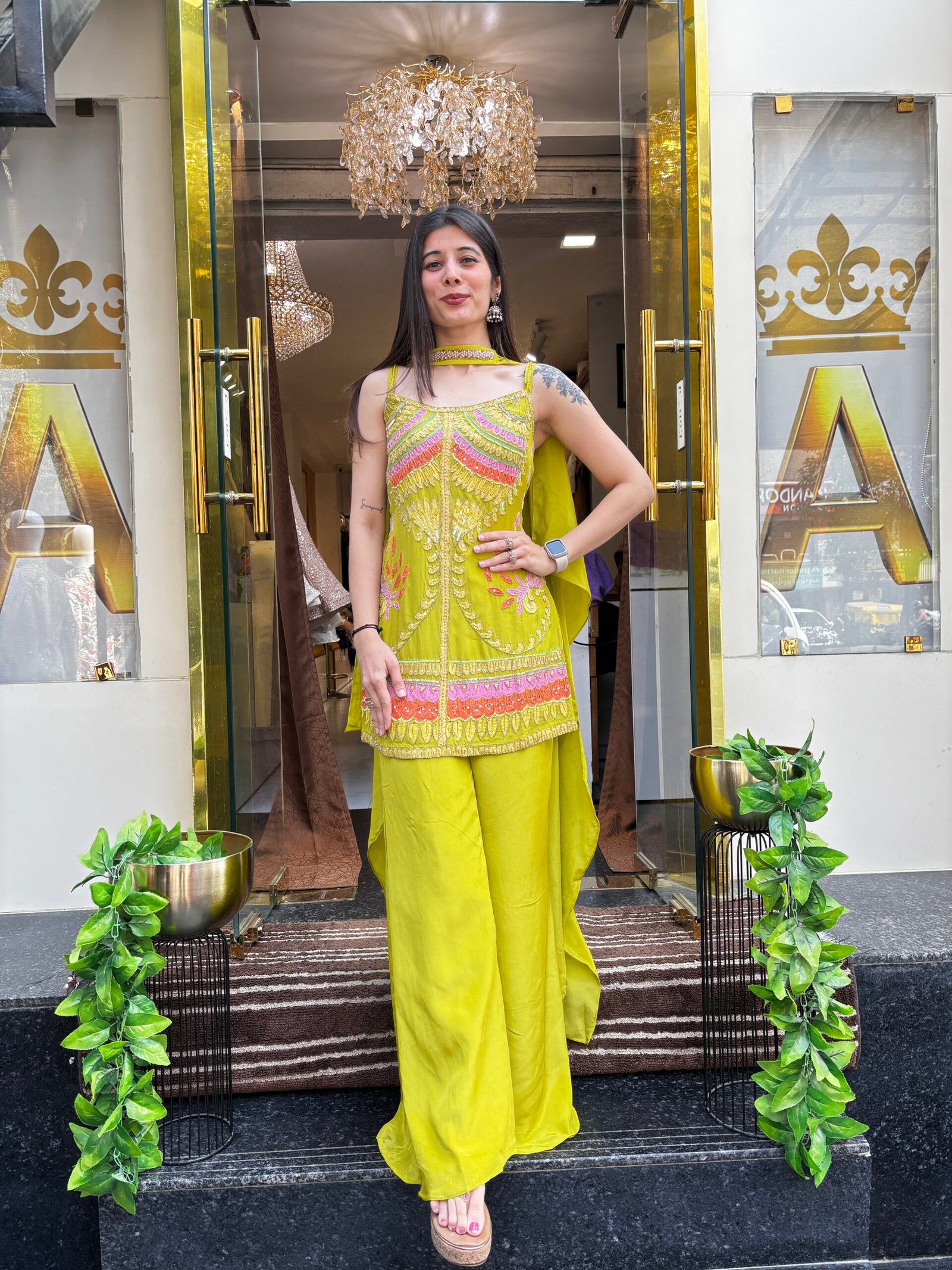 LIME STYLISH ELARA SPAGETTI PLAZZO SET WITH NECK BELT DUPATTA