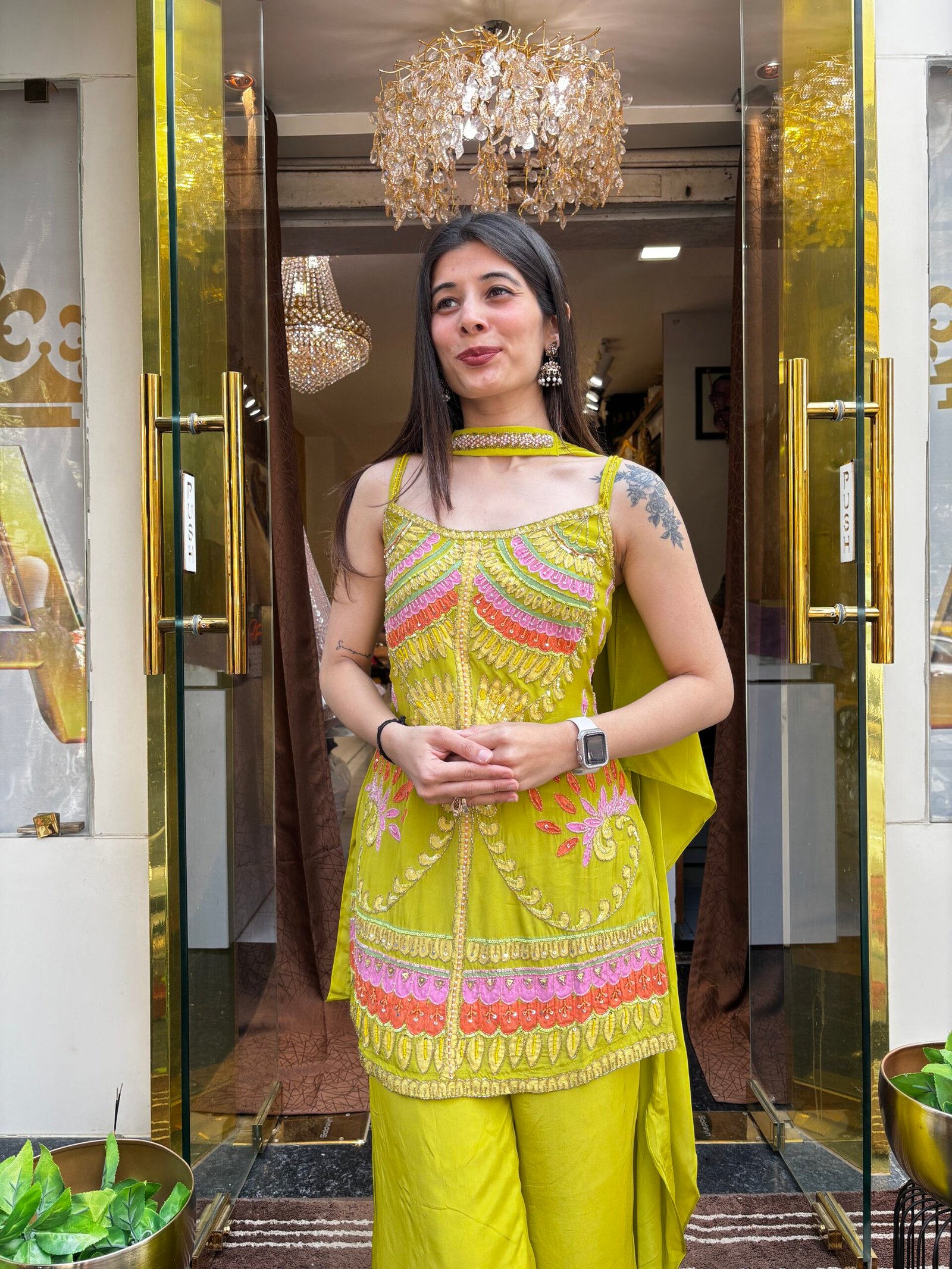 LIME STYLISH ELARA SPAGETTI PLAZZO SET WITH NECK BELT DUPATTA - Image 2