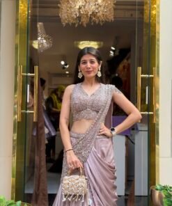 Alternative view of STUNNING DARK MAUVE HALTER NECK DRAPE SAREE