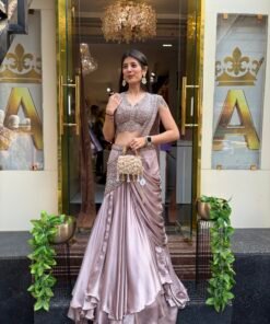 STUNNING DARK MAUVE HALTER NECK DRAPE SAREE