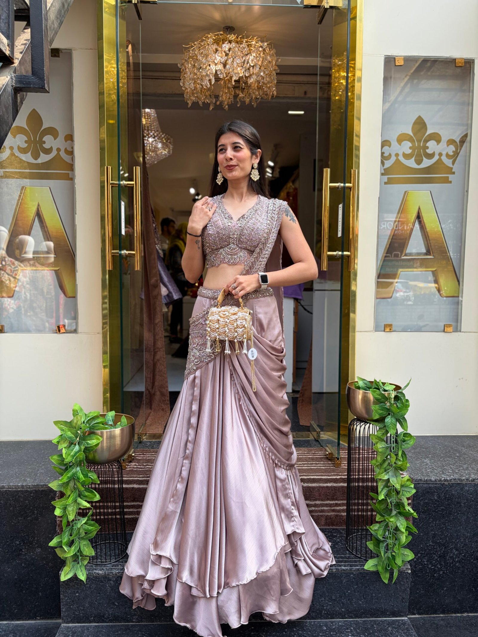 STUNNING DARK MAUVE HALTER NECK DRAPE SAREE