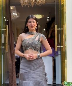 Alternative view of CHARCOAL GRAY LUXE FISH CUT SET WITH ONE SIDE SHOULDER BLOUSE