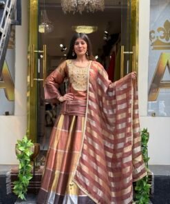 RUHANI COPPER BROWN SILK LENGHA WITH LONG TOP & DUPATTA