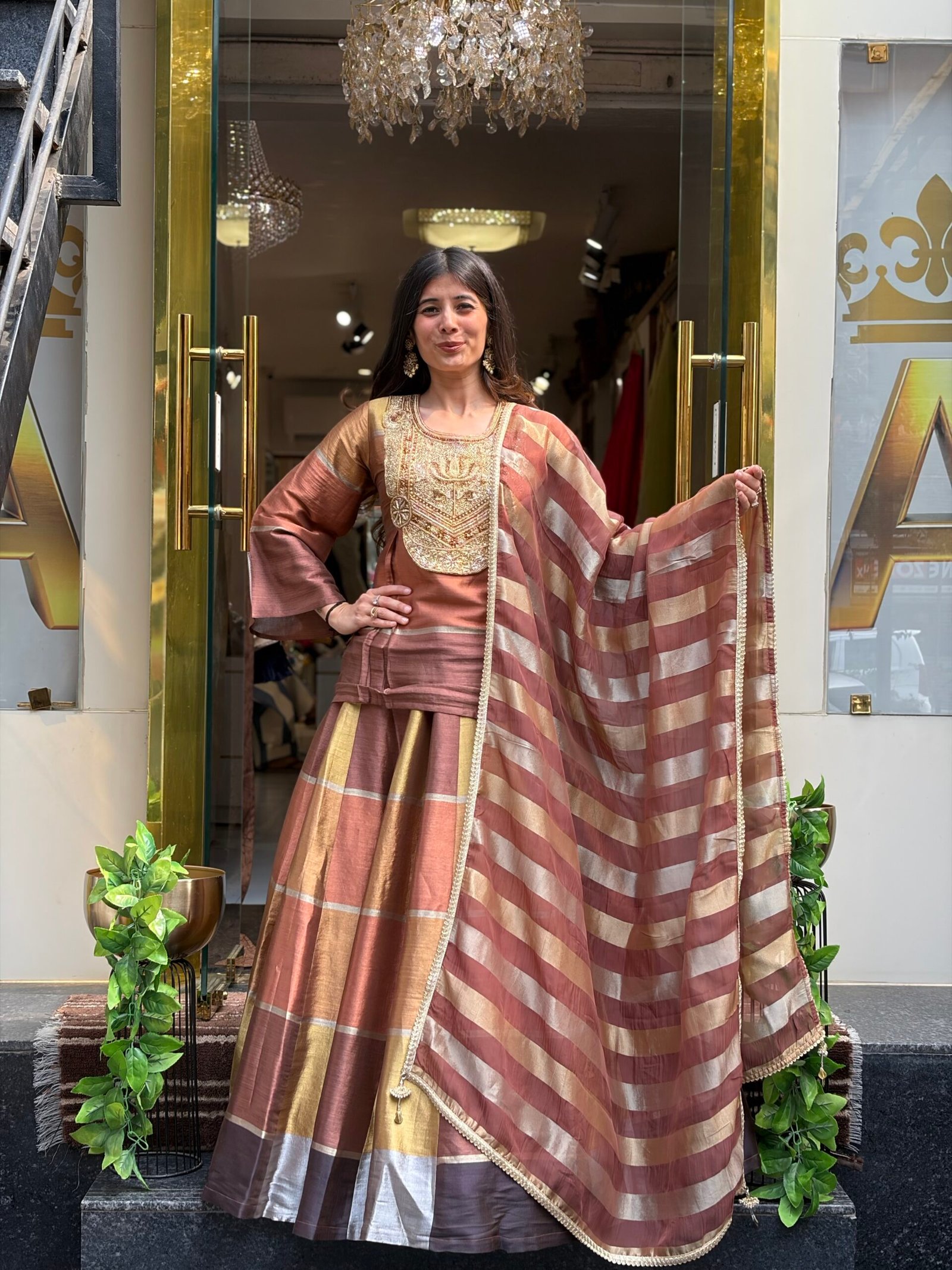 RUHANI COPPER BROWN SILK LENGHA WITH LONG TOP & DUPATTA