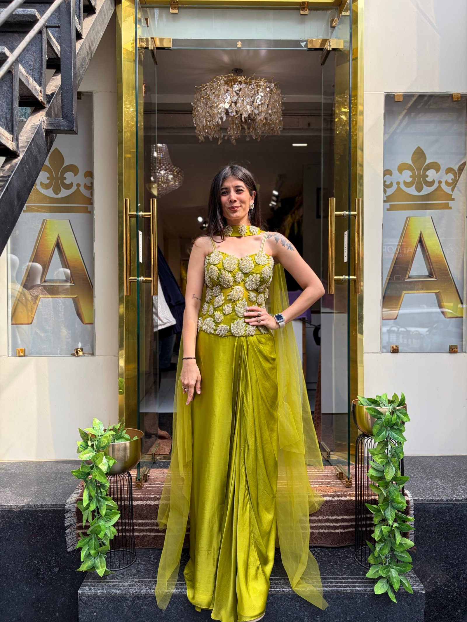 MISHA GREEN PLEATED SKIRT WITH DRAMATIC CROP TOP