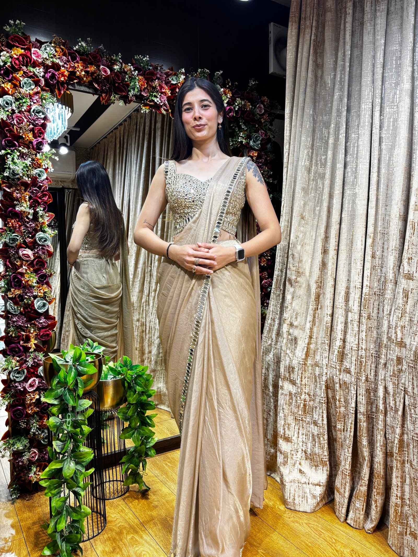 GOLD TISSUE MIRROR BLOUSE READY TO WEAR DRAPE SAREE