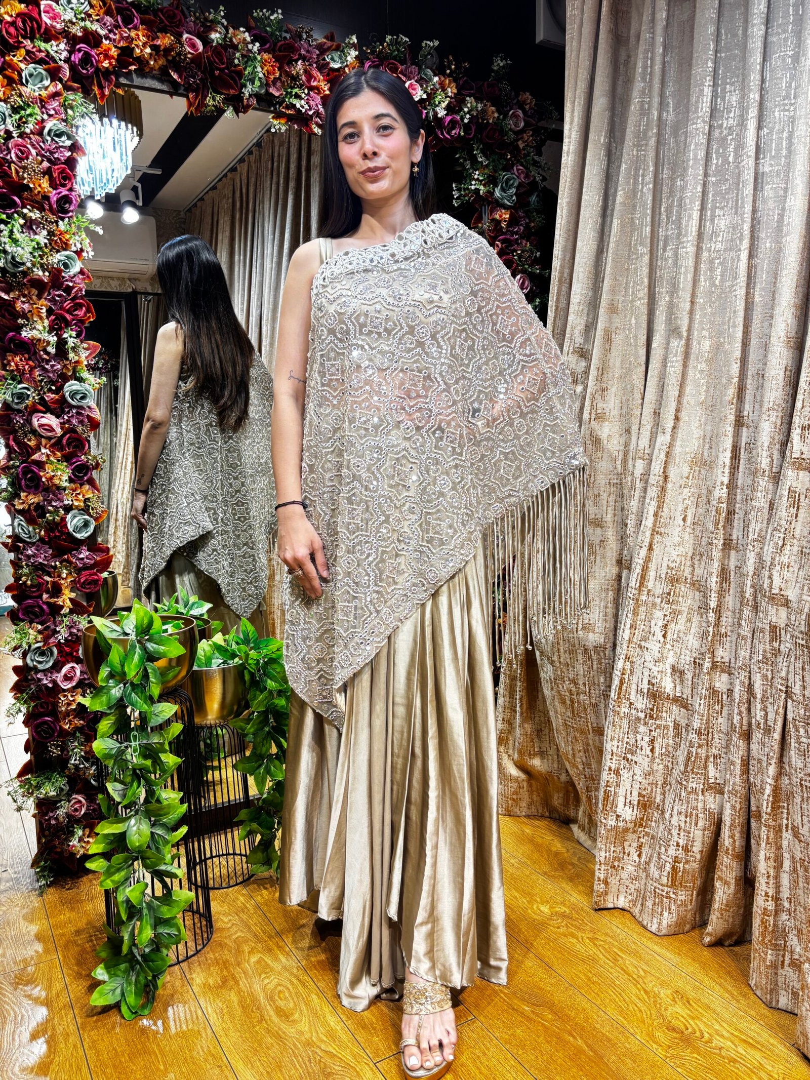 AALIYA SHIMMER ONE SIDE SHOULDER WITH PLEATED SKIRT