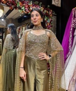 Alternative view of OLIVE DARK GREEN PLAZZO WITH DITACHABLE HANDWORK CAPE