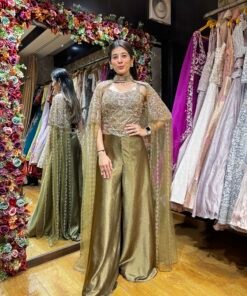 OLIVE DARK GREEN PLAZZO WITH DITACHABLE HANDWORK CAPE