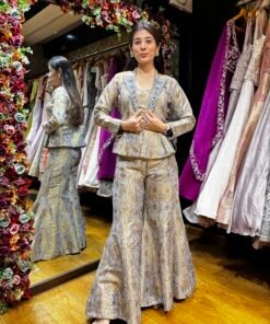 GOLD GRAY PAISLEY PEPLUM CO-ORD SET BROCADE