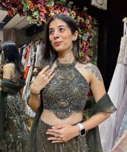 Alternative view of OLIVE GREEN HEAVY FISH CUT WITH HALTER NECK