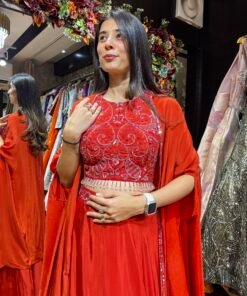 Alternative view of RUST TANGERINE LENGHA CHOLI WITH CAPE SET