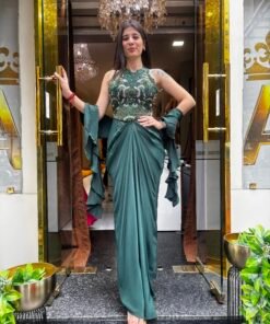 BOTTLE GREEN MIRA DRAPE SKIRT WITH HALTER NECK BLOUSE & RUFFLE DUPATTA