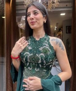 Alternative view of BOTTLE GREEN MIRA DRAPE SKIRT WITH HALTER NECK BLOUSE & RUFFLE DUPATTA