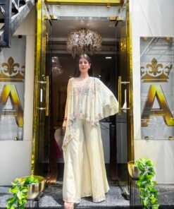 BEIGE IVORY STYLISH DIVA PLAZZO SET WITH ONE SIDE SHOULDER CAPE