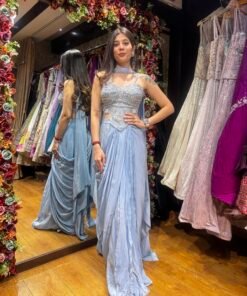 ZARIYA POWDER BLUE SKIRT WITH SPAGETTI CROP TOP & NECK BELT DUPATTA