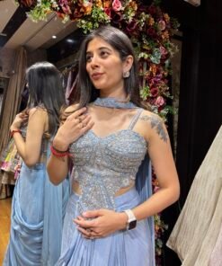 Alternative view of ZARIYA POWDER BLUE SKIRT WITH SPAGETTI CROP TOP & NECK BELT DUPATTA