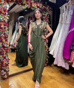 NOORIKA OLIVE COWL GOWN WITH CUMIN COLLAR BLAZER