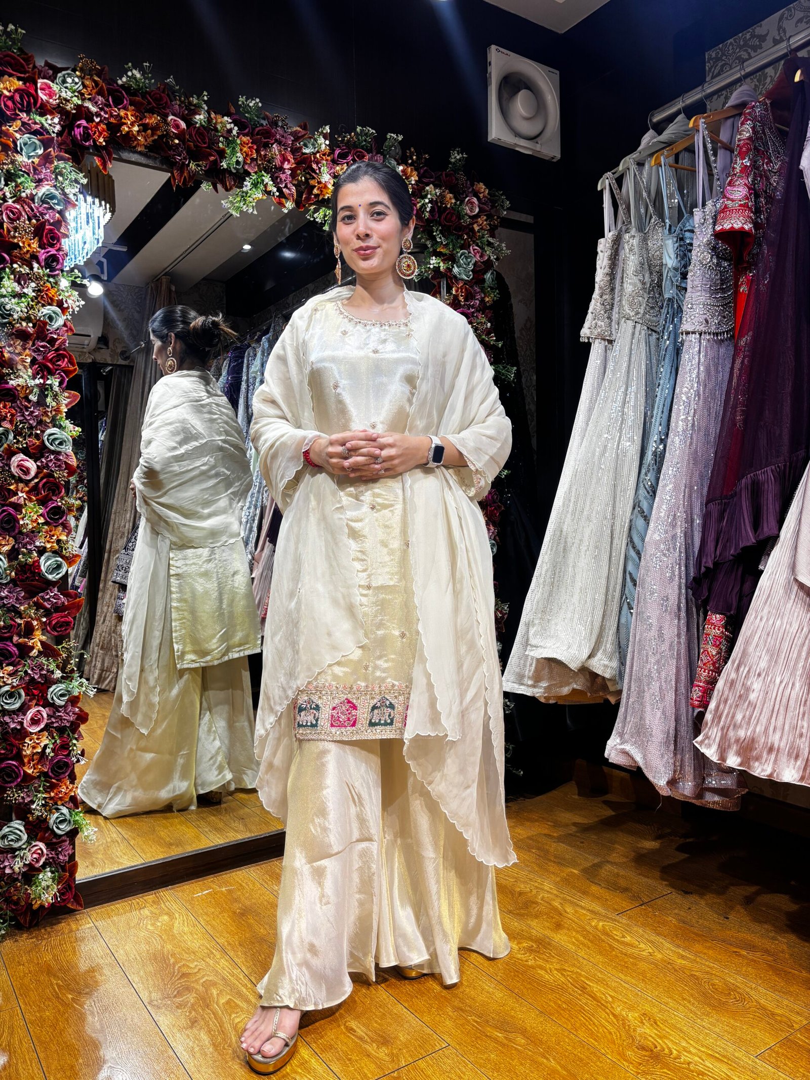 MEHROOM BEIGE IVORY GLASS TISSUE PLAZZO SUIT WITH DUPATTA