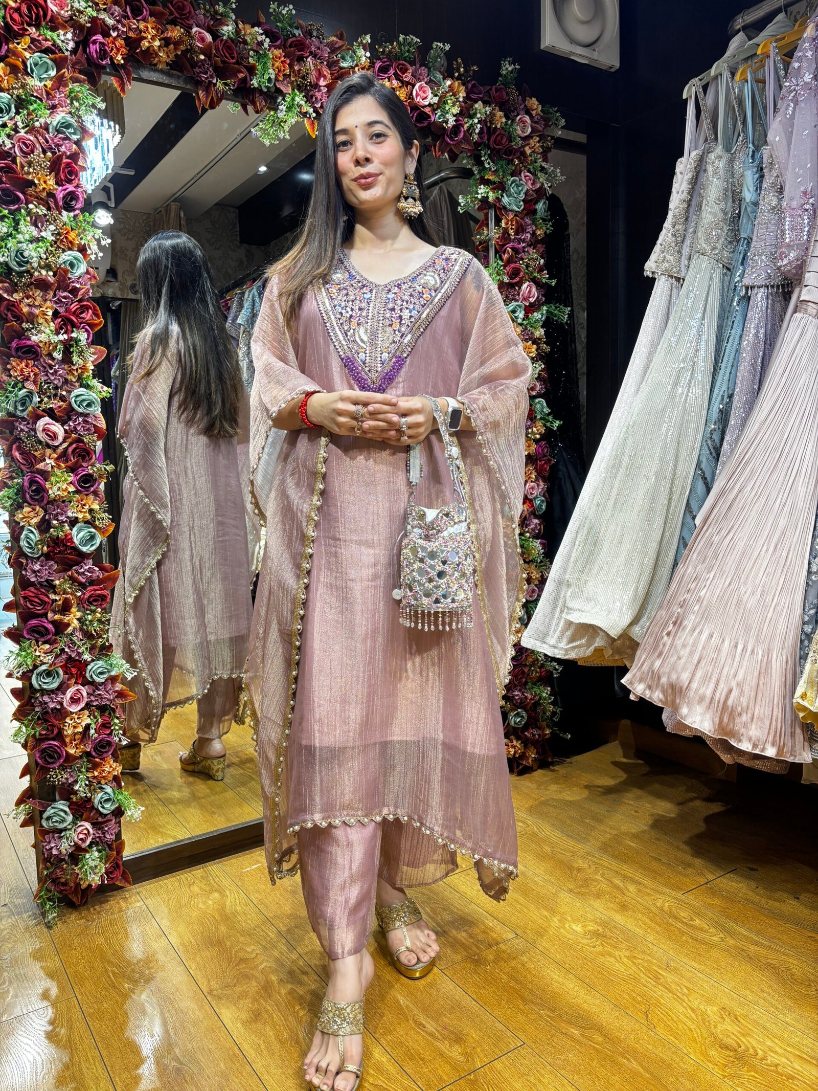 MAUVE PINK ORGANZA KAFTAN SET WITH HAND WORK