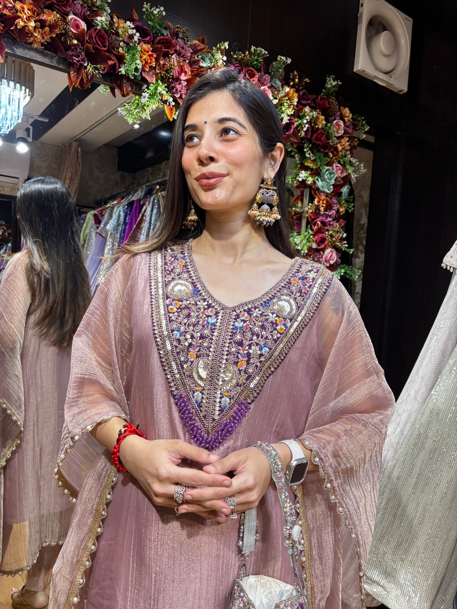 MAUVE PINK ORGANZA KAFTAN SET WITH HAND WORK - Image 2