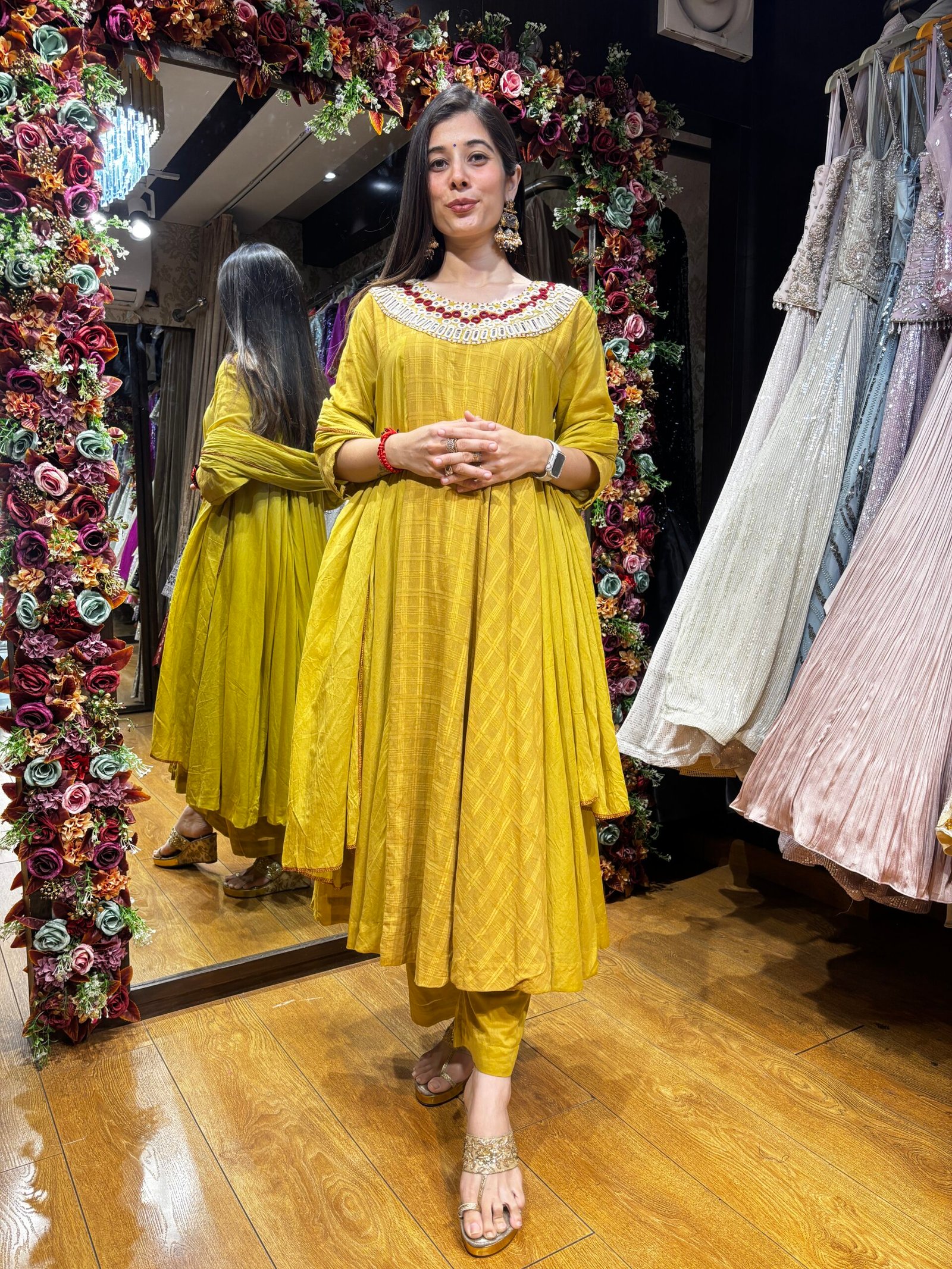MUSTARD YELLOW MUL COTTON ANARKALI SUIT WITH DUPATTA