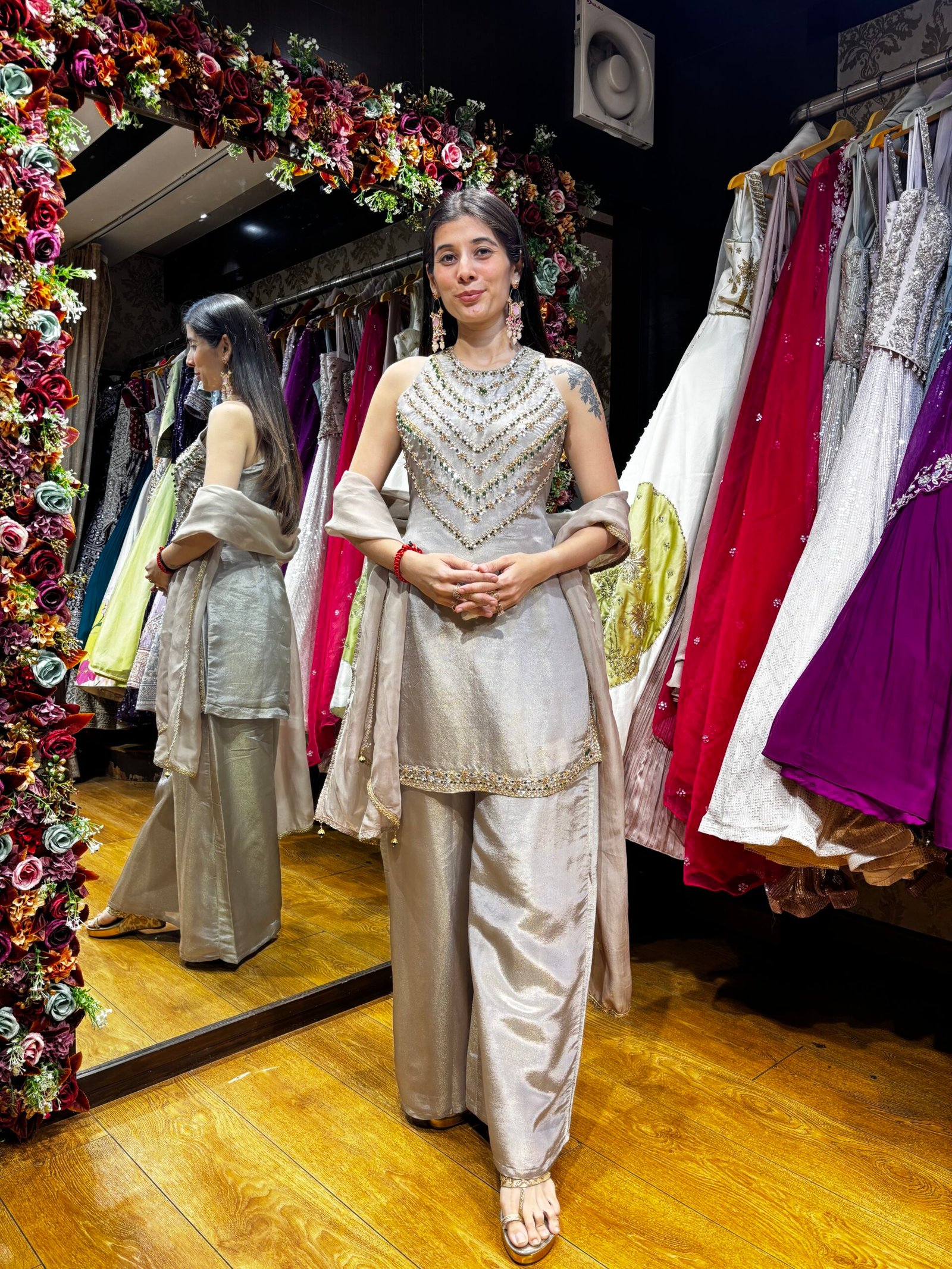 ZARQAA GLOW JEWEL WORK PLAZZO SUIT-CHAMPAGNE GREY