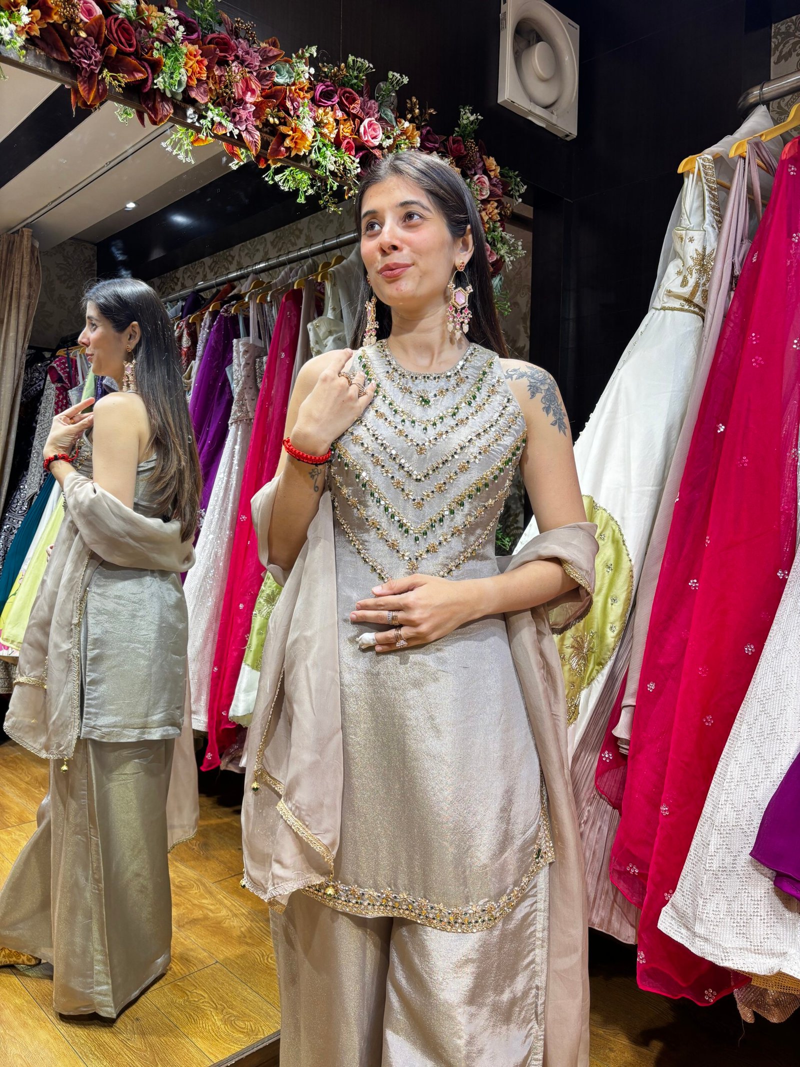 ZARQAA GLOW JEWEL WORK PLAZZO SUIT-CHAMPAGNE GREY - Image 2