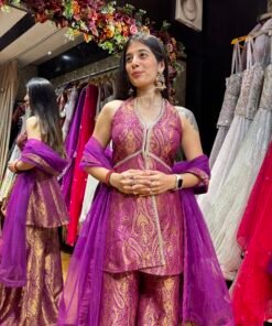 Alternative view of NOORANI PURPLE BELL BOTTOM BANARASI HALTER NECK PLAZZO SUIT